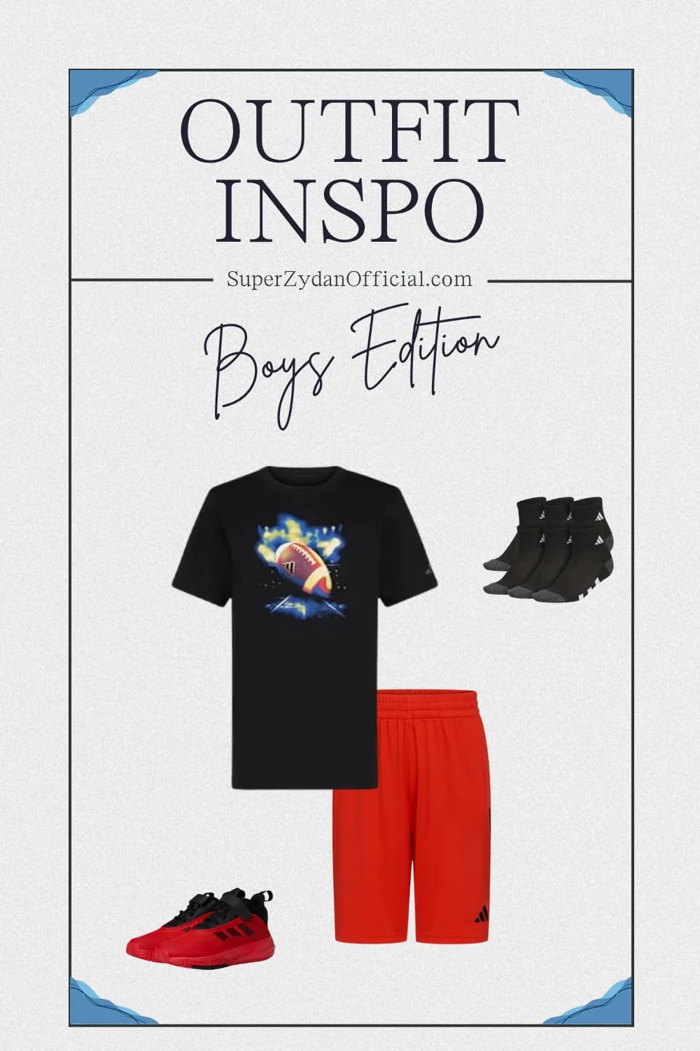 Boys' outfit idea: black Adidas tee, blue shorts and sneakers