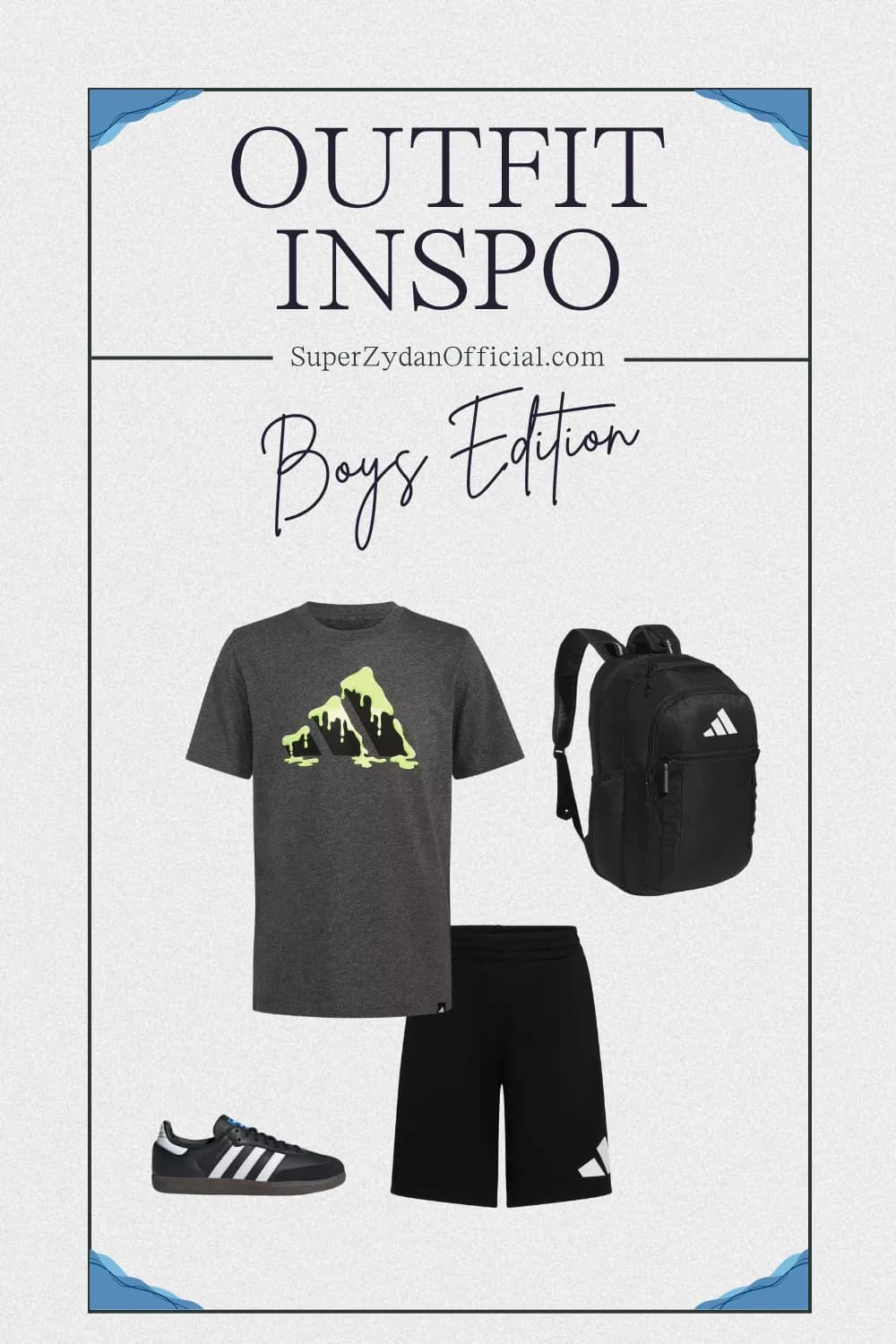 Boys' outfit idea: black graphic tee, red shorts and red sneakers