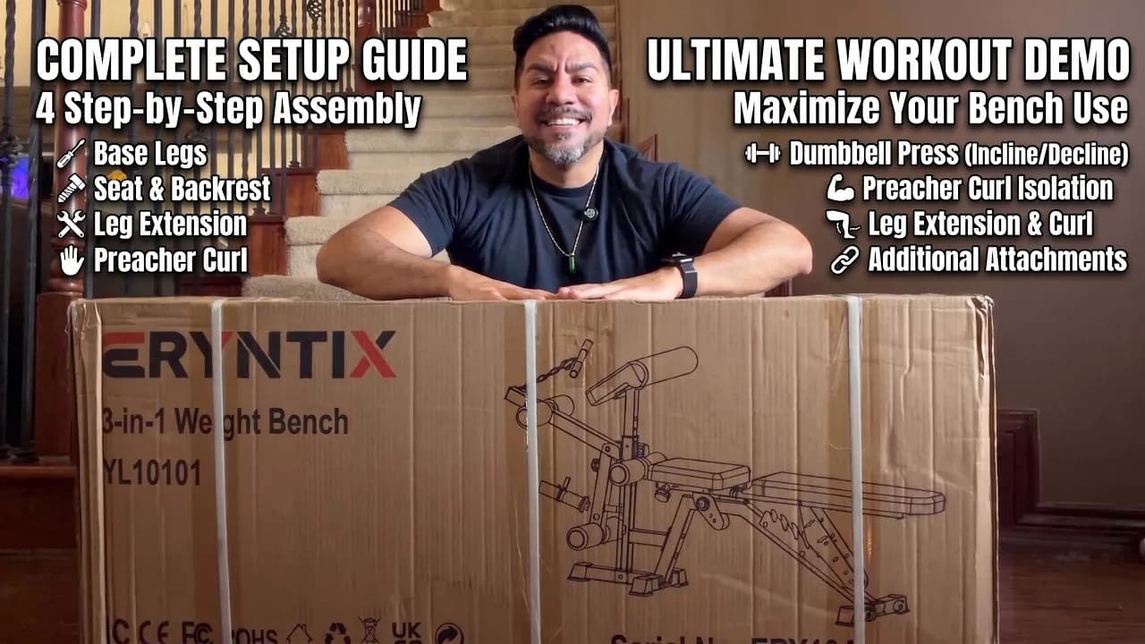 SuperZydan leaning on the boxed Eryntix 3-in-1 weight bench before assembly