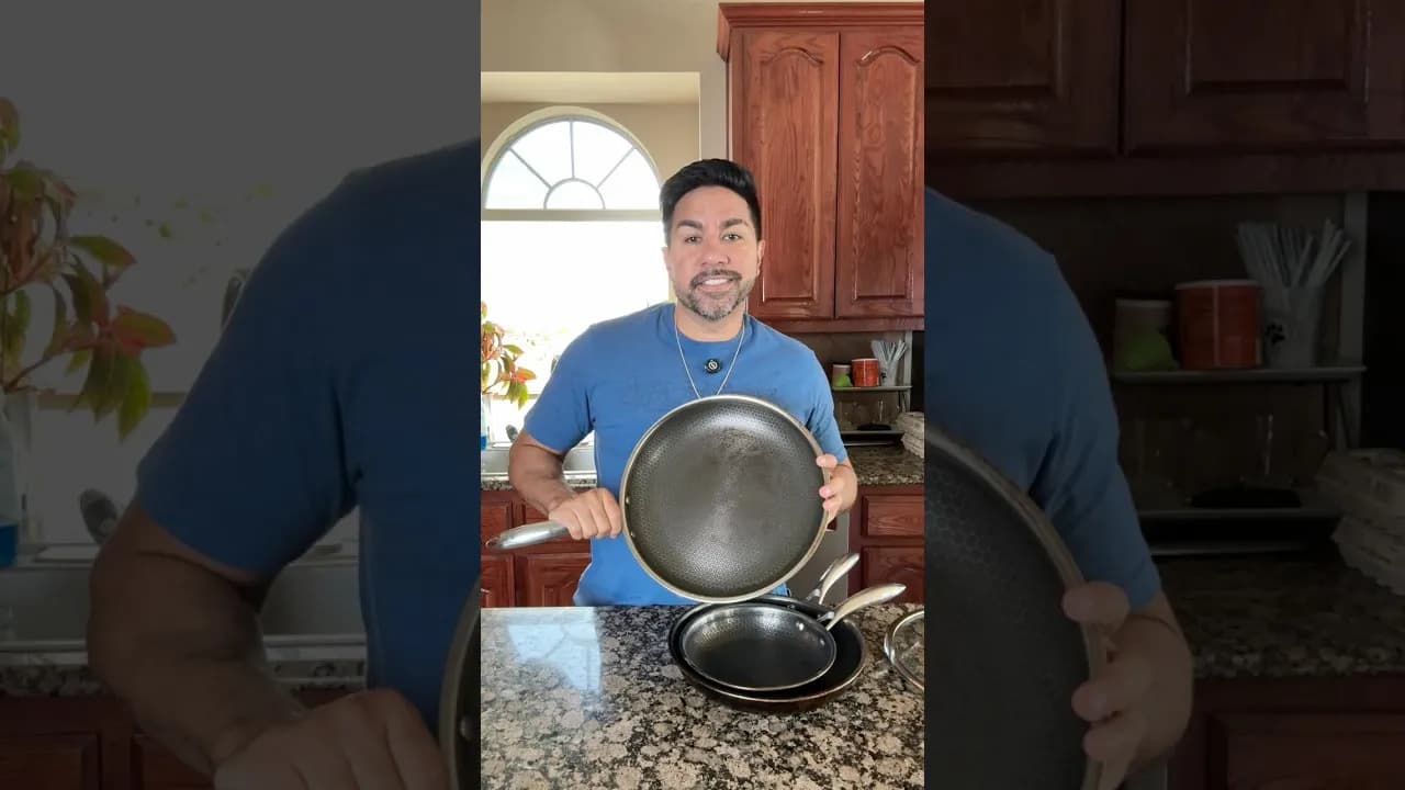 The 12-inch HexClad pan next to the 10-inch and 8-inch