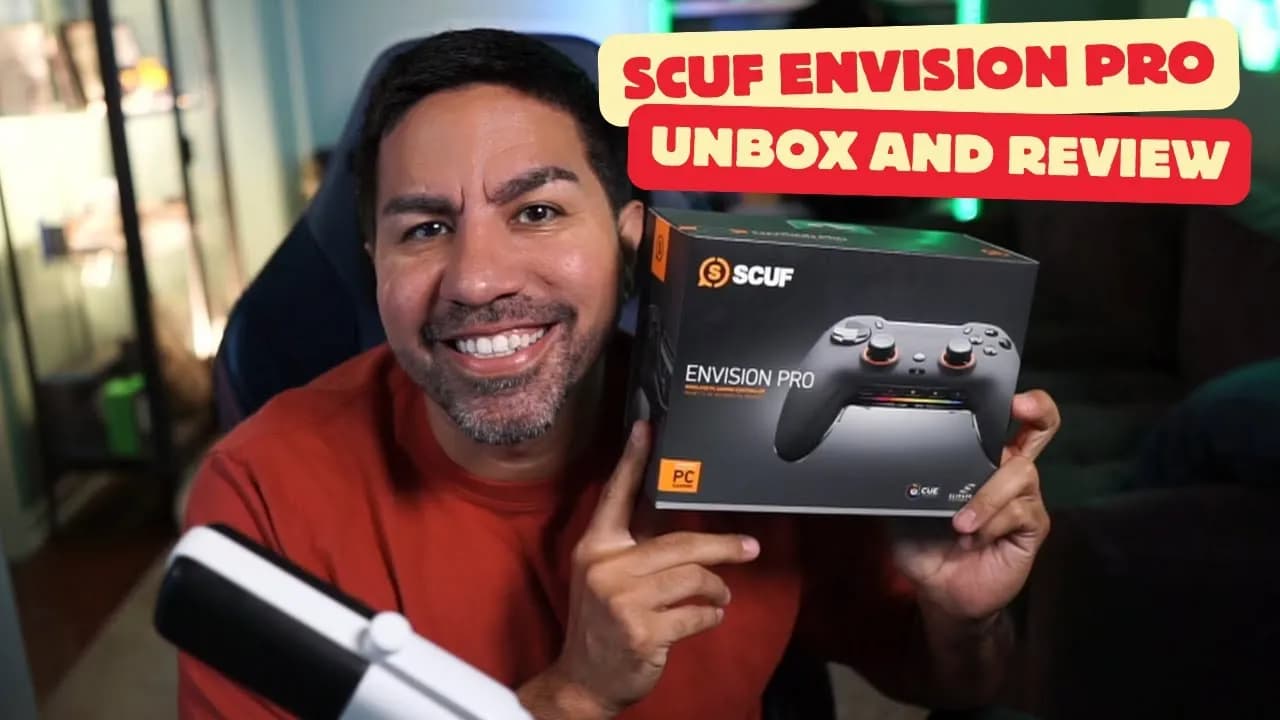 The custom orange SCUF Envision Pro next to a standard Xbox controller