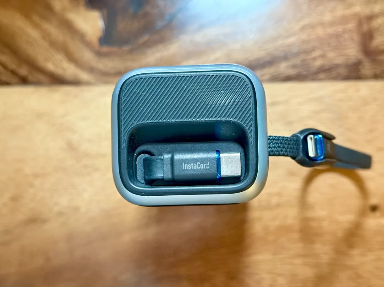 The InstaCord cable tucked into the end of the Anker power bank