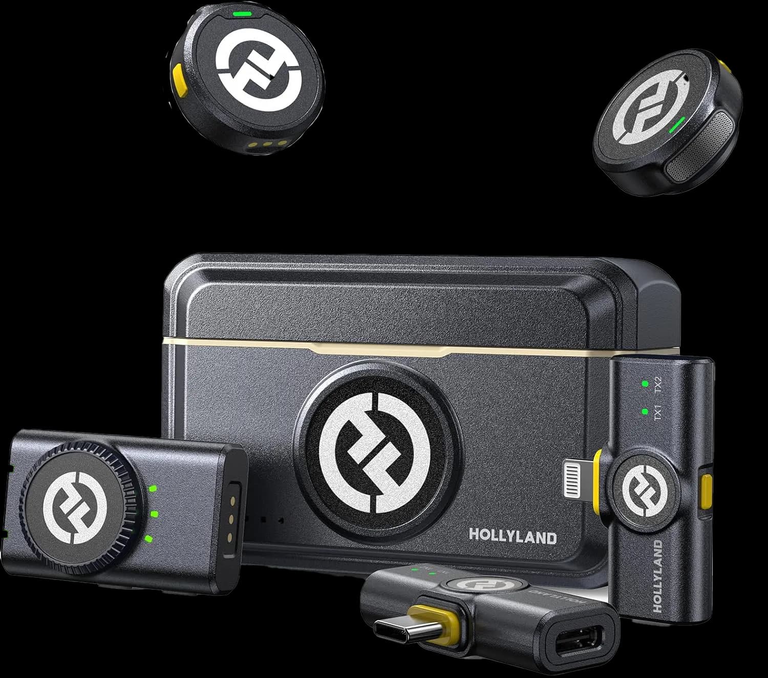 The Hollyland Lark M2 wireless mics and charging case