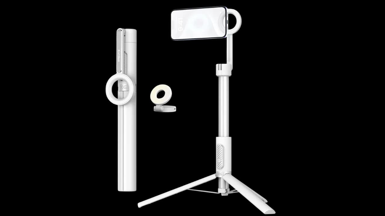 The white KraftGeek selfie stick tripod with its magnetic light