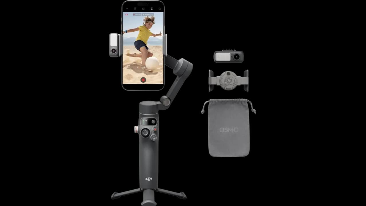 The DJI Osmo Mobile 7P gimbal with its tracking module