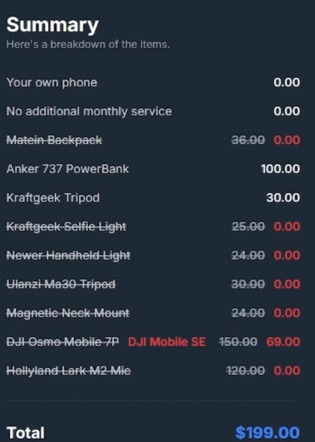 Price breakdown with the extras taken out, $199 total