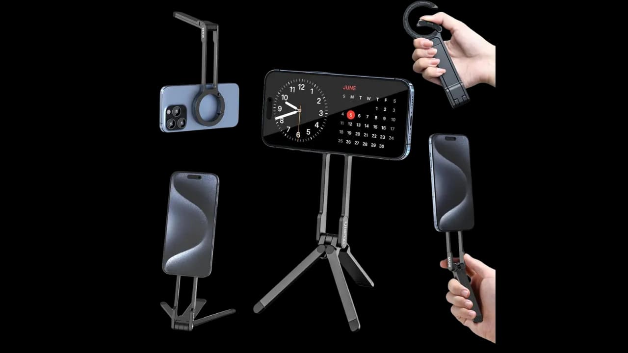 The Ulanzi MA30 magnetic phone tripod in its different setups